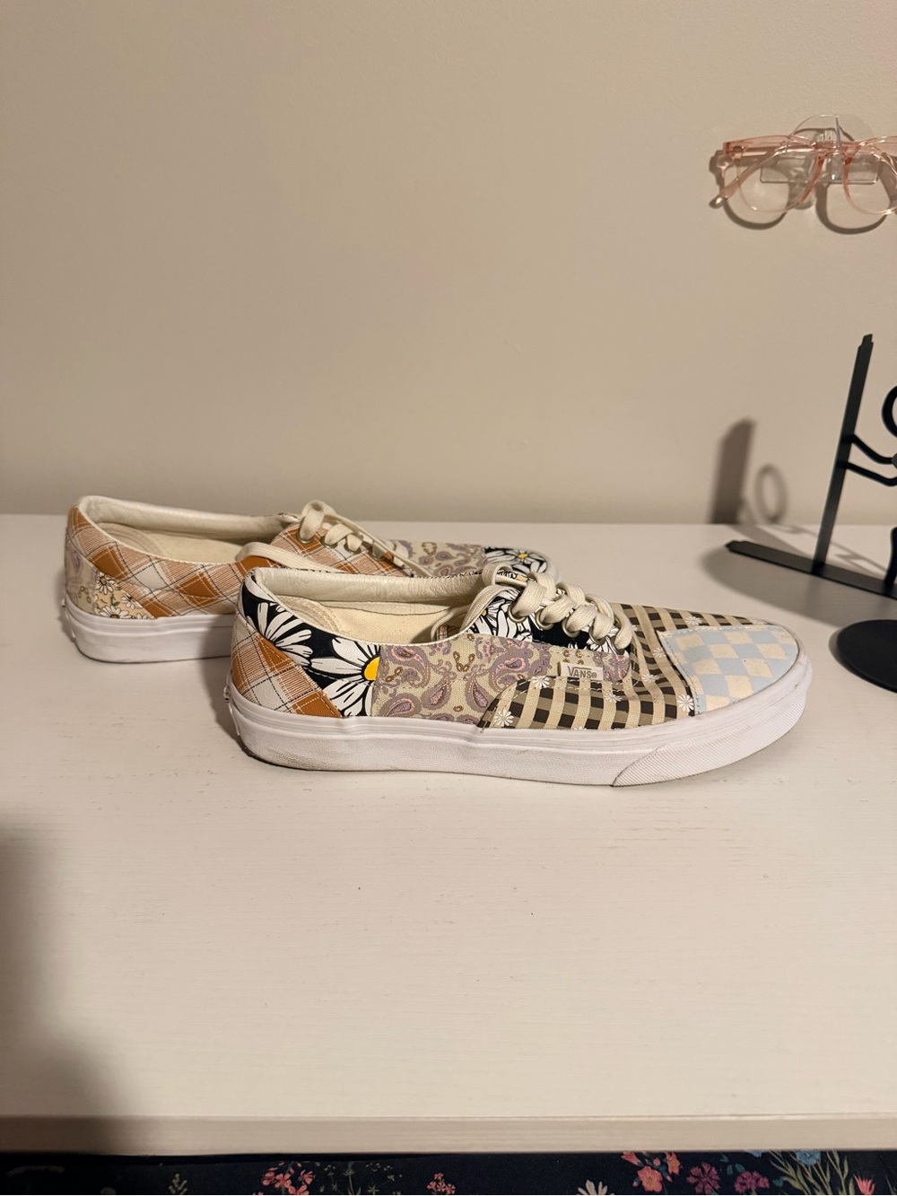 Vans Women's Patchwork Pattern Low Top Sneakers - Cream, Black & Light Blue - Picture 5 of 7